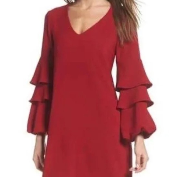 CHARLES HENREY Dress XSmall Garnet Red Ruffle Bell Sleeves vneck sheath dress - Picture 4 of 5